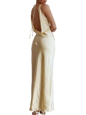 Women's Yellow Cowl Neck Summer Satin Backless Sleeveless Elegant Maxi Dress